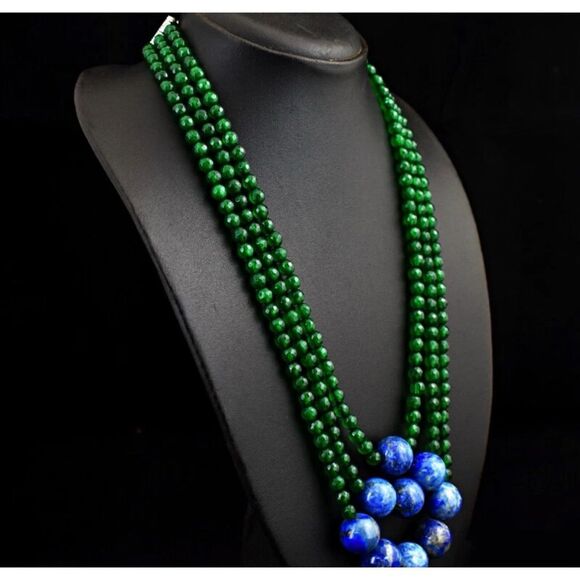 Vintage Natural 3 Strand Onyx / Lapis Lazurel Round Beads Necklace - Picture 3 of 9